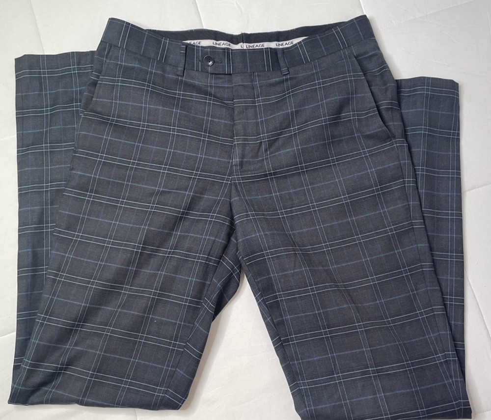 Lineage Men’s 34L Gray Blue Windowpane Plaid Dress Pants Slacks